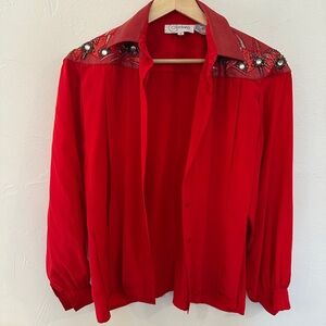 Red Embellished Button-Up Shirt